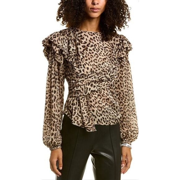 🆕️ IRO Magena Fil Coupé Chiffon Puff Sleeve Ruffle Long Sleeve Blouse Leopard - Picture 1 of 15